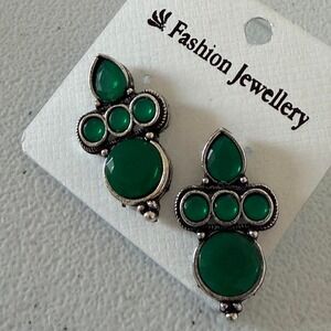 Indian New Oxidized Jhumkis Green Stone